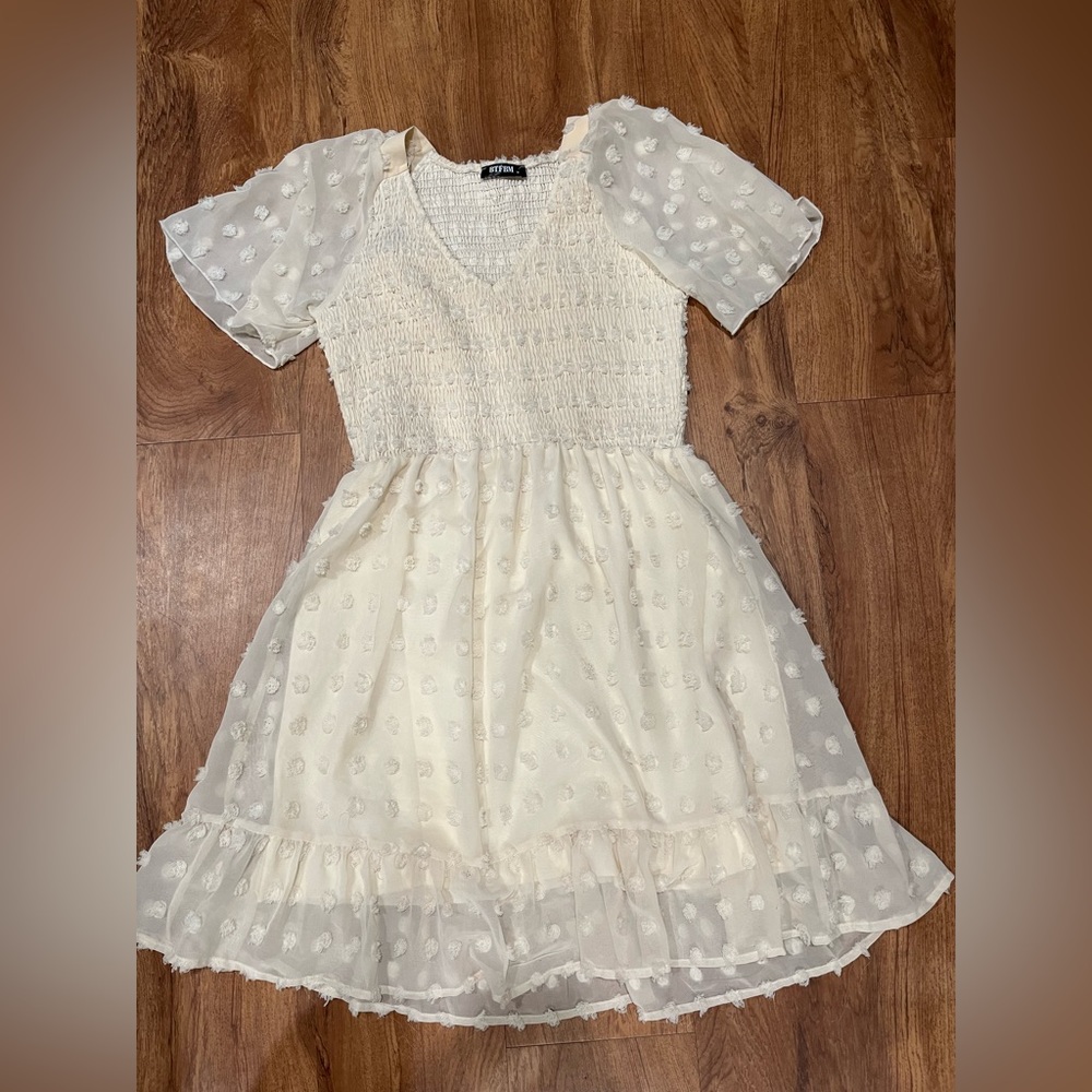 3/$15 BTFBM Beige Textured Sheer Babydoll Pompom Overlay Dress Medium